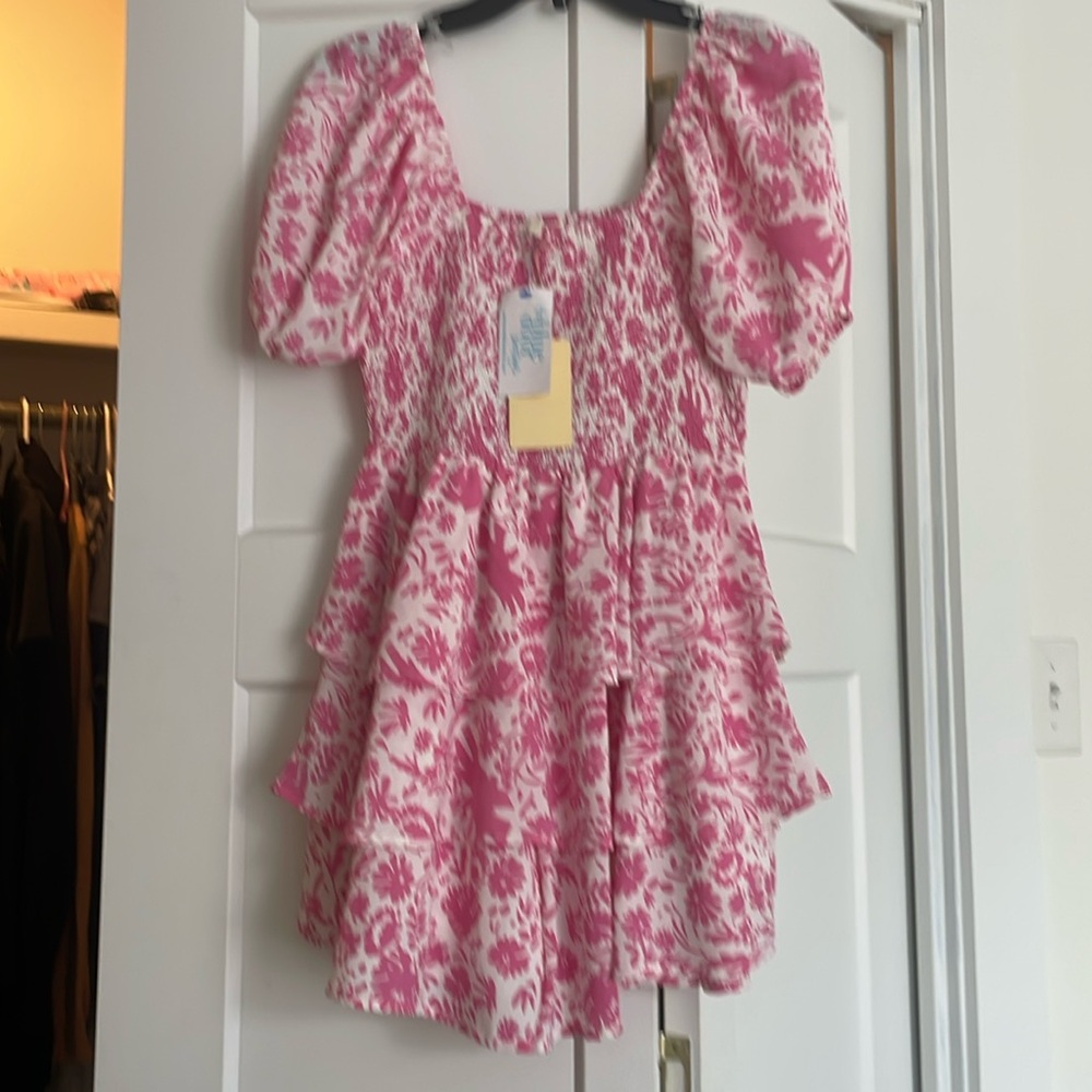 Cute pink floral ruffle mini dress
